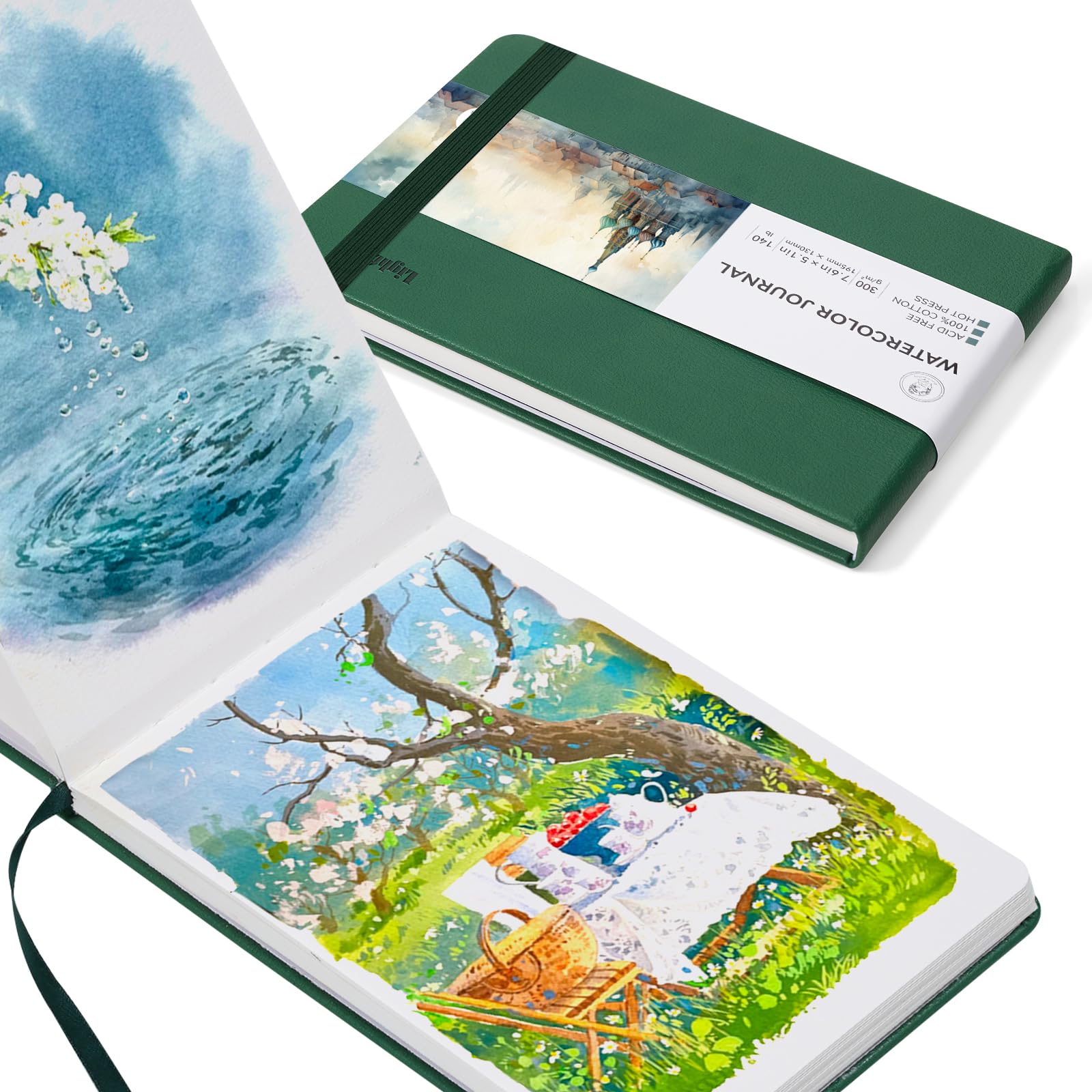 Lightwish Watercolour Sketchbook, 100% Cotton Hot Press Watercolor Paper Sketchbook 13 x 19cm, 20 Sheets (140lb/300gsm), Acid-Free for Watercolors, Gouache, Acrylics(Green)