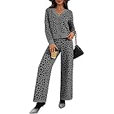 AMZANGEL Women's Leopard Cardigan Set 2 Piece Sweater Loungewear Set Collar Button Down Knit Animal Cozy Casual Outfit