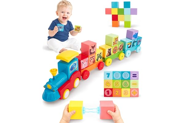 hahaland Magnetic Blocks for Toddlers 1-3 with Train Toys, 1 Year Old Gifts | 1.48-inch Large Blocks, Press & Go Train, Anima