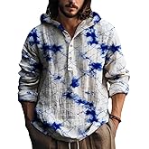 Mens Hooded Tie Dye Button Up Shirt Long Sleeve Casual Pullover Top Relaxed Fit Beach Vacation Streetwear