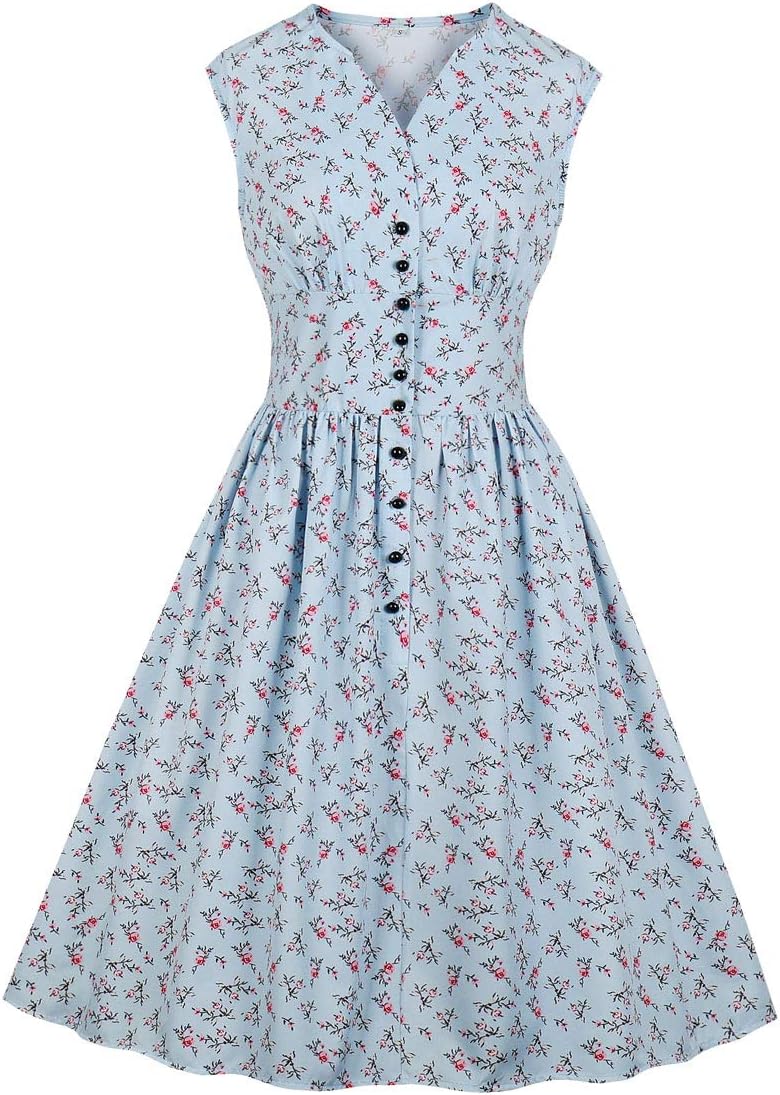 Women's Split Neck Floral Button 1940s Day 1950s Vintage Tea Dress