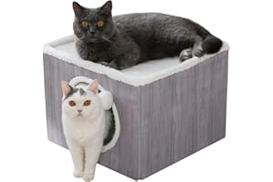 LUCKITTY Cat Condo House with Reversible Cushions and Fluffy Ball Hanging, Foldable Cube, Large Cave Bed for Indoor Cats Kittens, Grey Wood Grain Pattern