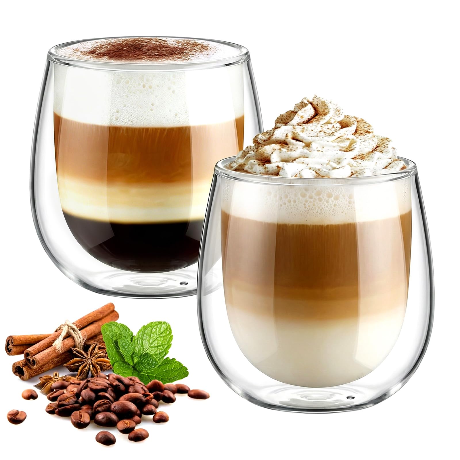 glastal 2x250ml Double Walled Coffee Glasses Mugs Cappuccino Latte Macchiato Glasses Cups for Coffee Tea Milk Juice Ice Cream Borosilicate Heat Resistant Glass Cups