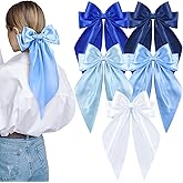 5 Pcs Blue Hair Bows for Women, Silky Satin Large Hair Clips for Girls, Long Tail Hair Ribbon Accessories