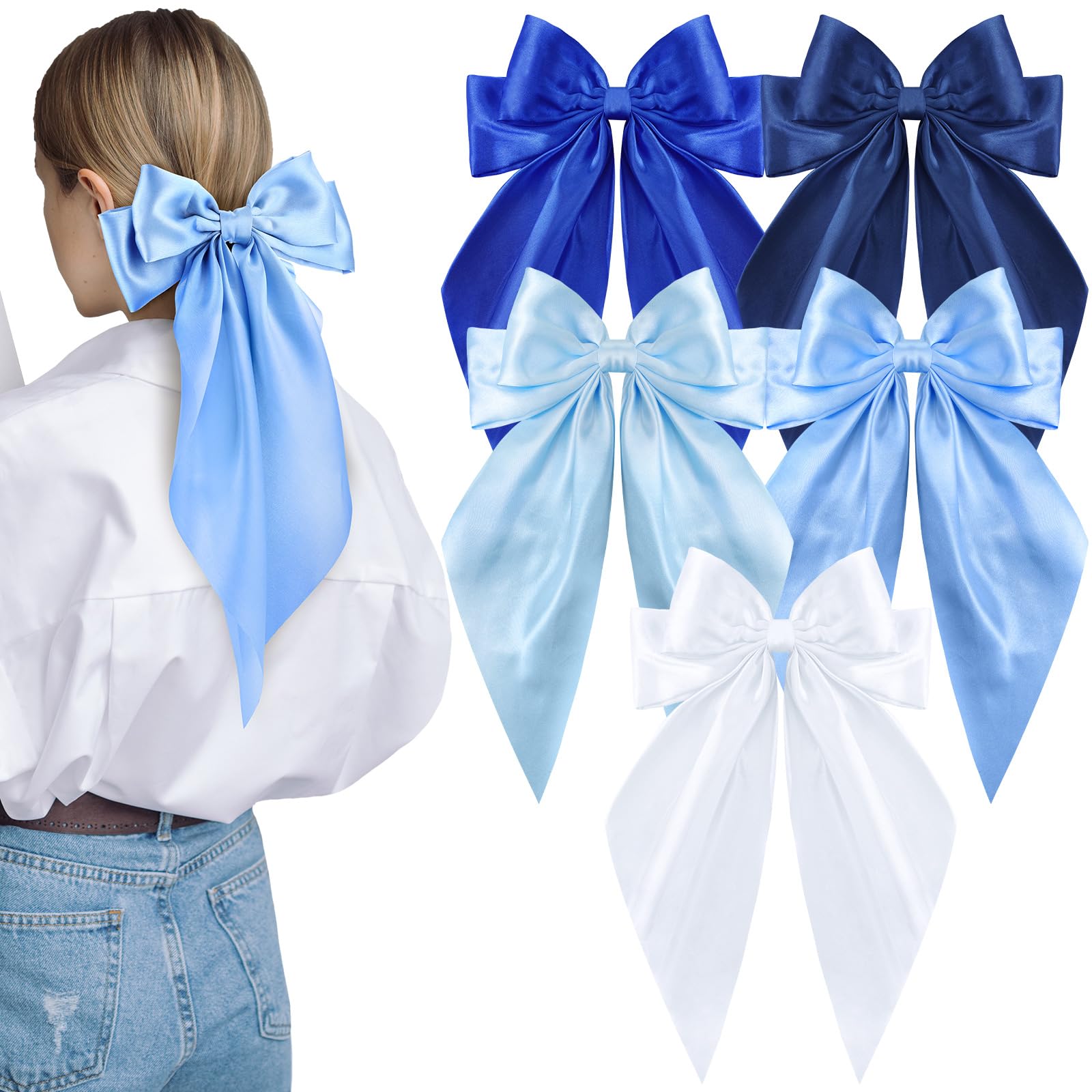 Photo 1 of 5 Pcs Blue Hair Bows for Women, Silky Satin Large Hair Clips for Girls, Long Tail Hair Ribbon Accessories