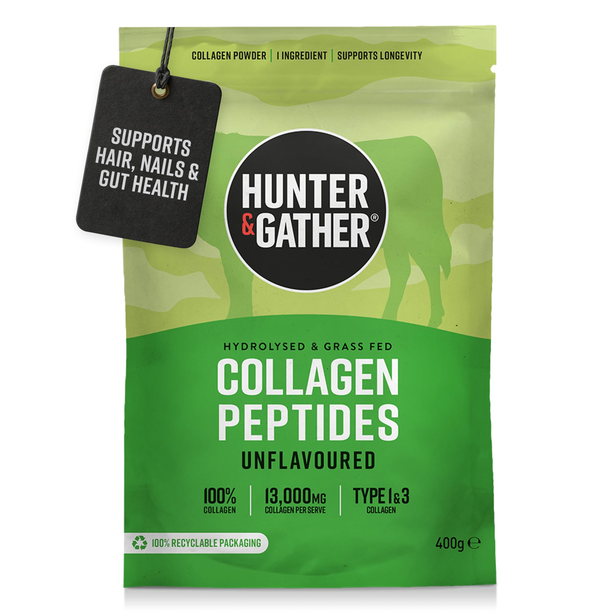Hunter & Gather Grass Fed Bovine Collagen Powder 400g | 100% Unflavoured Hydrolysed Collagen Peptides | Hair, Skin, Nails & Gut Health | Type 1 & 3 Collagen I High Protein Supplements for Women & Men