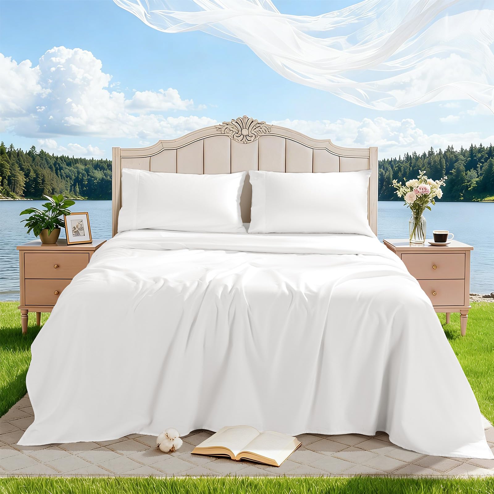 Photo 1 of REDASW 100% Egyptian Cotton Sheet Set 4 Pcs Queen Size Sheets 1000 Thread Count Breathable Soft Bedding Set Fitted Sheet with 16" Deep Pocket (Queen, White)