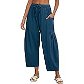 Women Linen Pants Wide Leg Boho Pants Loose Lightweigt Beach Palazzo Harem Pants with Pockets