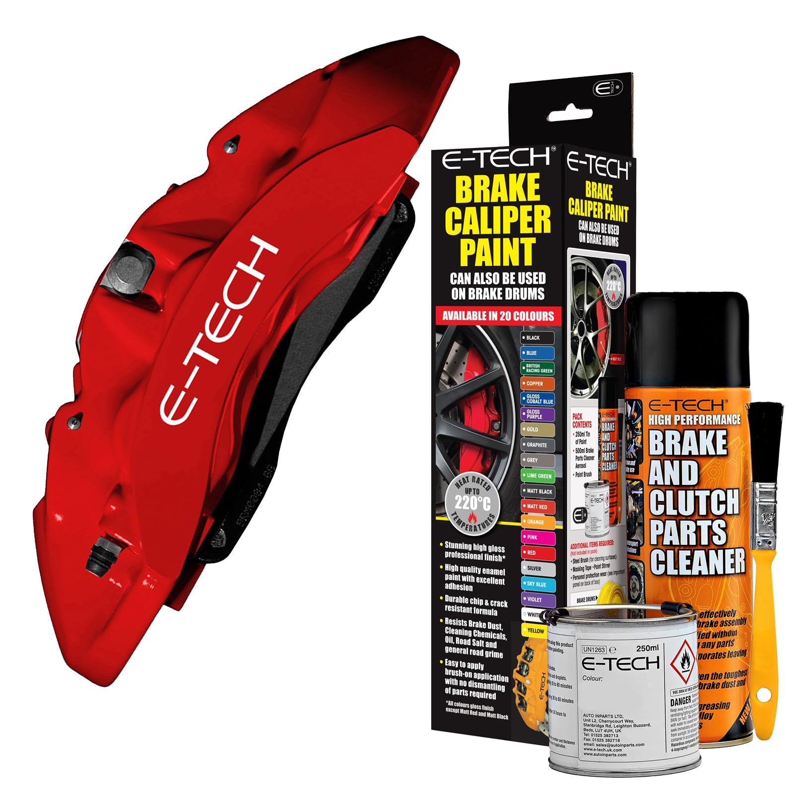 E-TECH Red Brake Caliper/Drum Paint - EBCP-R - Complete Kit Inc Paint/Cleaner & Brush