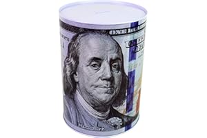 JULYSGIFT $100 Dollar Bill Piggy Bank 5 7/8" Tall Coin Saving Money Currency Benjamin Franklin Tin Can Banknote Jar (1 Pack, 8 1/2" X 6")