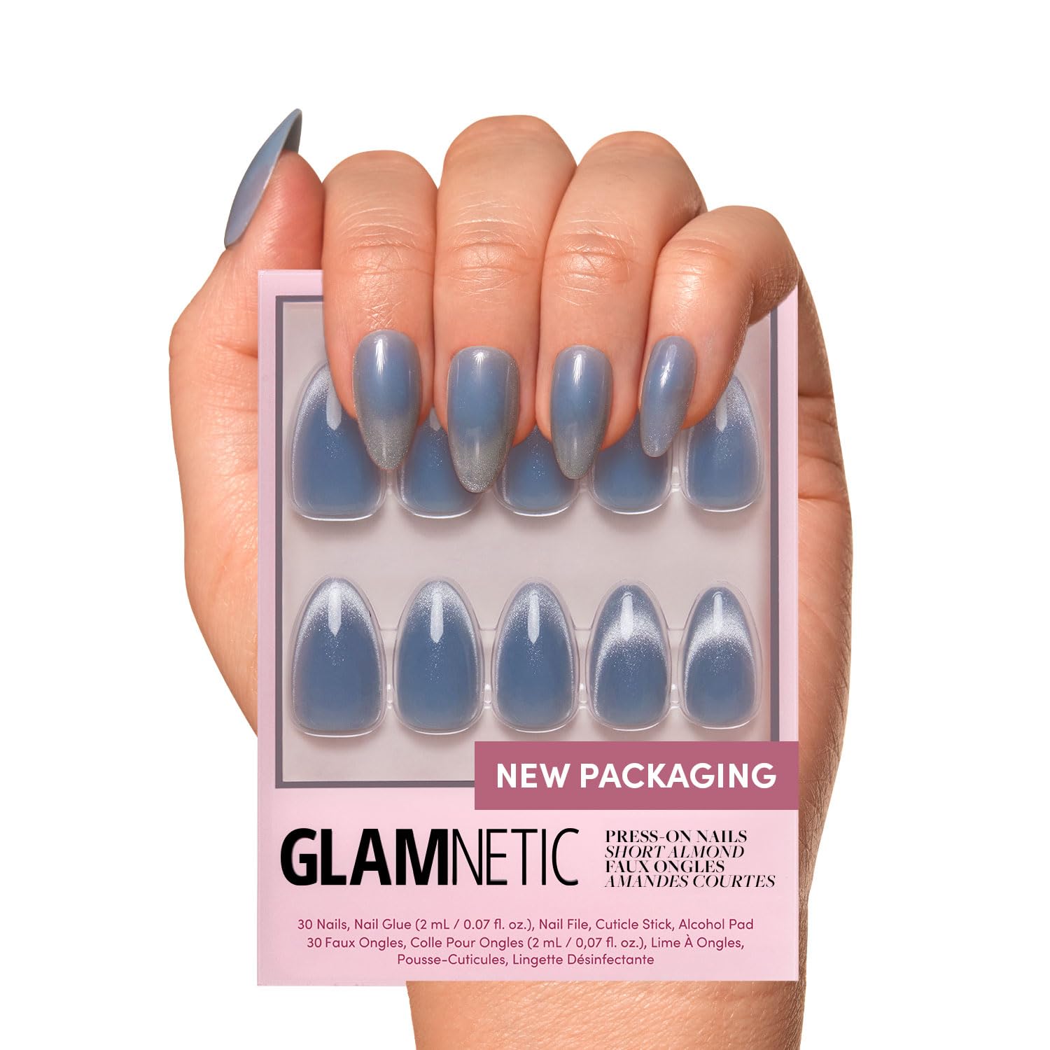 Glamnetic Press On Nails - Baby Blues | Short Almond, Pastel Blue Nails with a Mesmerizing Metallic Finish | 15 Sizes - 30 Nail Kit with Glue