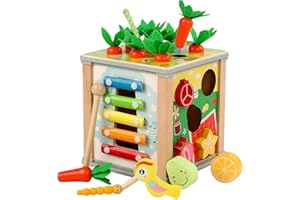 MingNor Wooden Activity Cube Toddler Toys, 6 in 1 Montessori Toys for 12+ Months Babies, Education Learning Baby Toys with Xylophone, Carrot Harvest ,First Birthday Gift for 1 2 Year Old Boys Girls