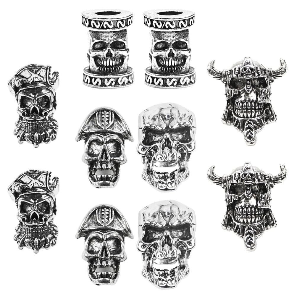 FRCOLOR 10Pcs Skull Rune Beads for Men's Braids, Beard, Dreadlocks & Jewelry - Retro Pirate Style