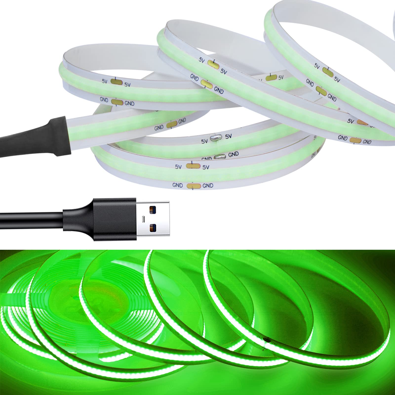 RYE USB Powered 5V COB LED Strip Light, 2.5M*320LEDs/M Green Soft Dotless Tape Light for TV/Monitor/Under Cabinet Kitchen/Wardrobe/Stairs Step Background Ambient DIY Lighting[Strip ONLY]