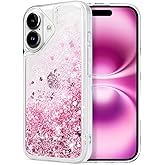 WORLDMOM for iPhone 16 Case, Clear Design Bling Flowing Liquid Floating Sparkle Colorful Glitter Waterfall TPU Protective Phone Case, Rose Gold