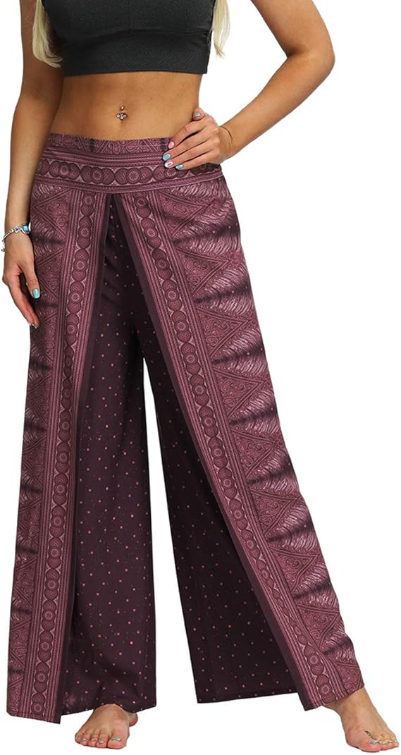 Lu's Chic Women's Boho Palazzo Pants Bohemian Yoga Pants SideSlit