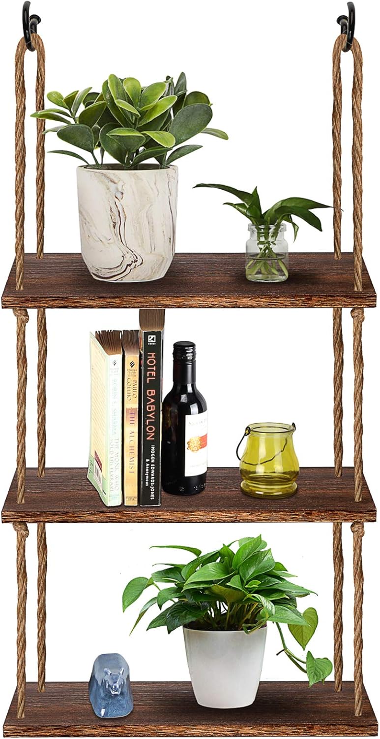 TJ.MOREE Wall Hanging Rope Shelf Wood Hanging Plant Shelves, 3 Tier Window Shelf Home Decor Storage Shelves for Interior Window/Kitchen/Bathroom/Bedroom (Dark Brown): Kitchen & Dining