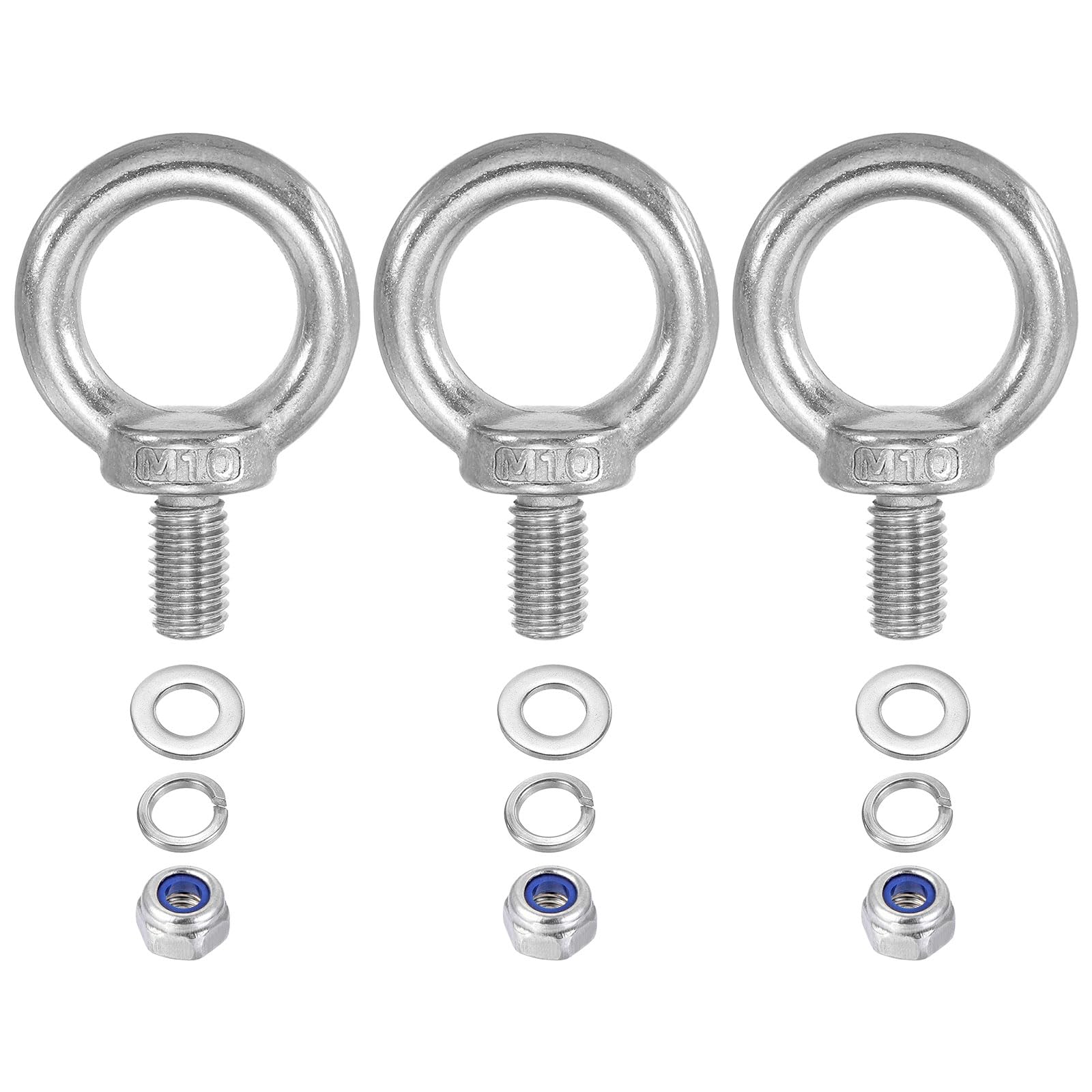 PATIKIL M10 x 18mm Lifting Shoulder Eye Bolt, 3Pcs 304 Stainless Steel Lifting Ring Threaded Eyebolt with Nuts Washers for Hanging Hammocks Articles