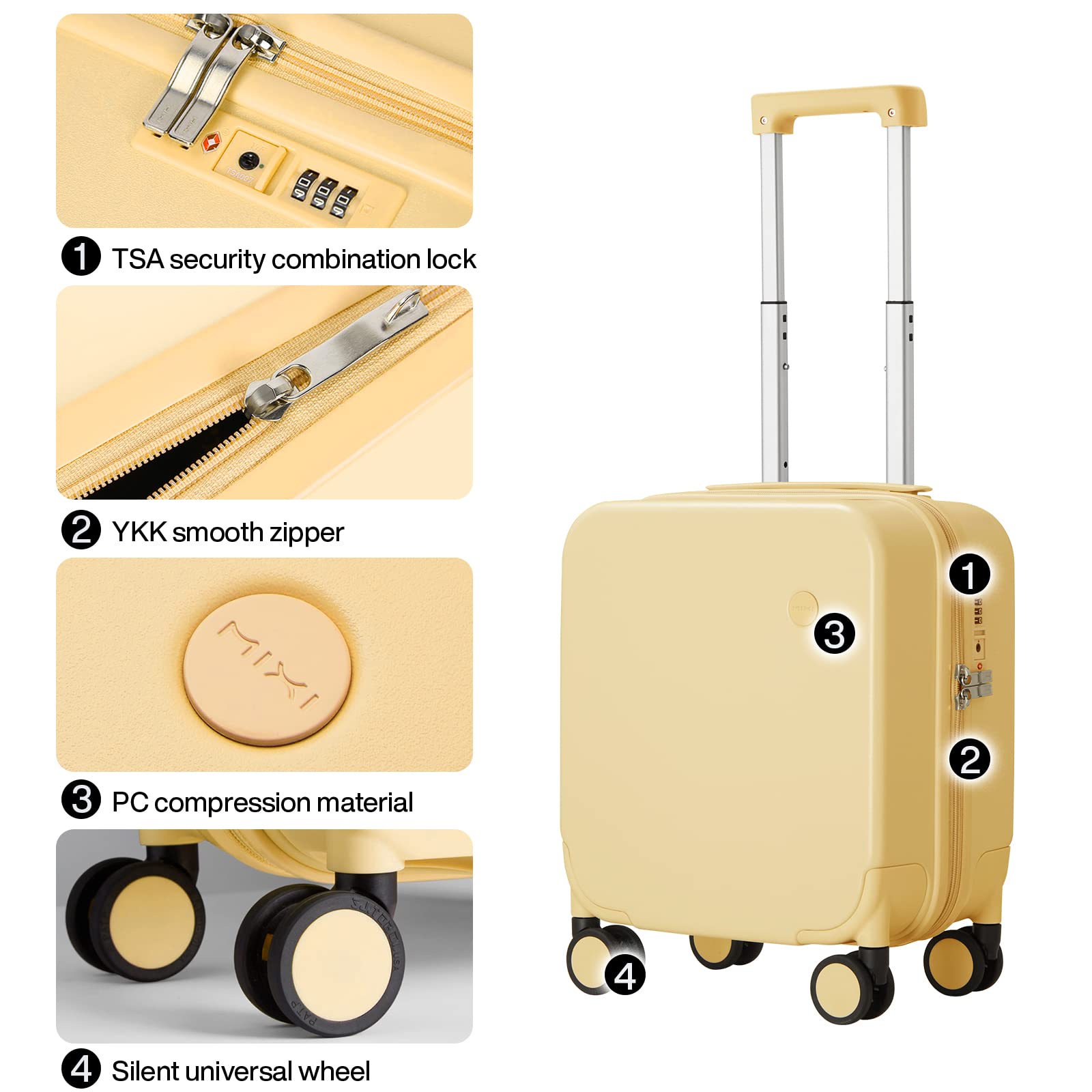 mixi 14 Inch Underseat Luggage Carry on Suitcase Free Boarding Personal Item Suitcases with Spinner Wheels Hardshell Lightweight PC for Short Travel, Lark Yellow