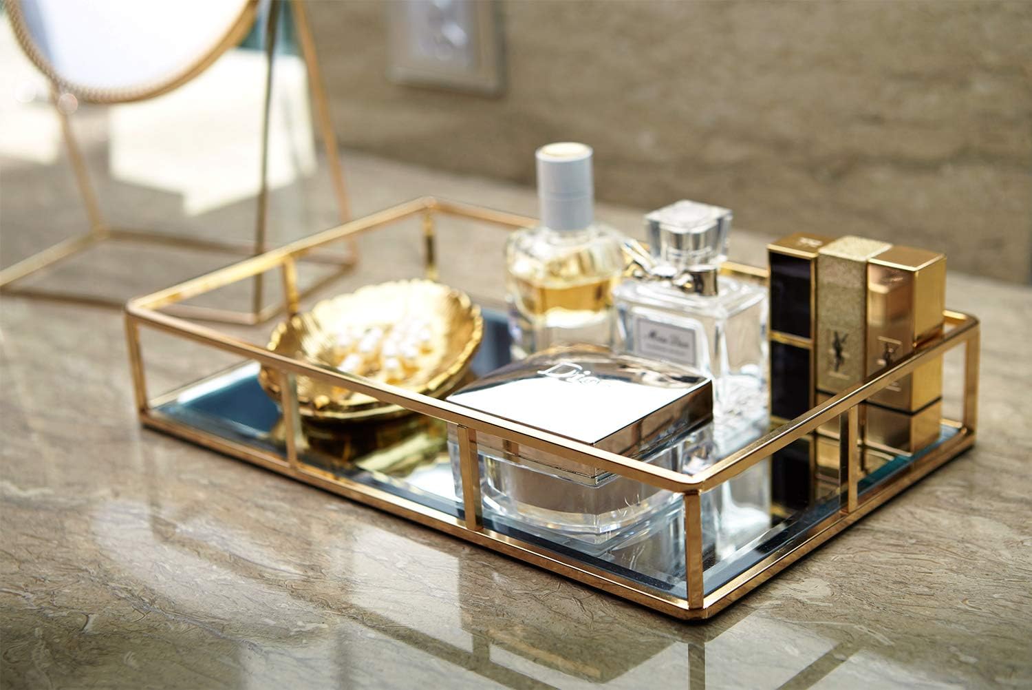 PuTwo Tray Mirror, Gold Mirror Tray Perfume Tray Mirror Vanity Tray Dresser Tray Ornate Tray Metal Decorative Tray Tray Jewelry Perfume Organizer Makeup Tray for Vanity, Dresser, Bathroom, Bedroom: Home & Kitchen