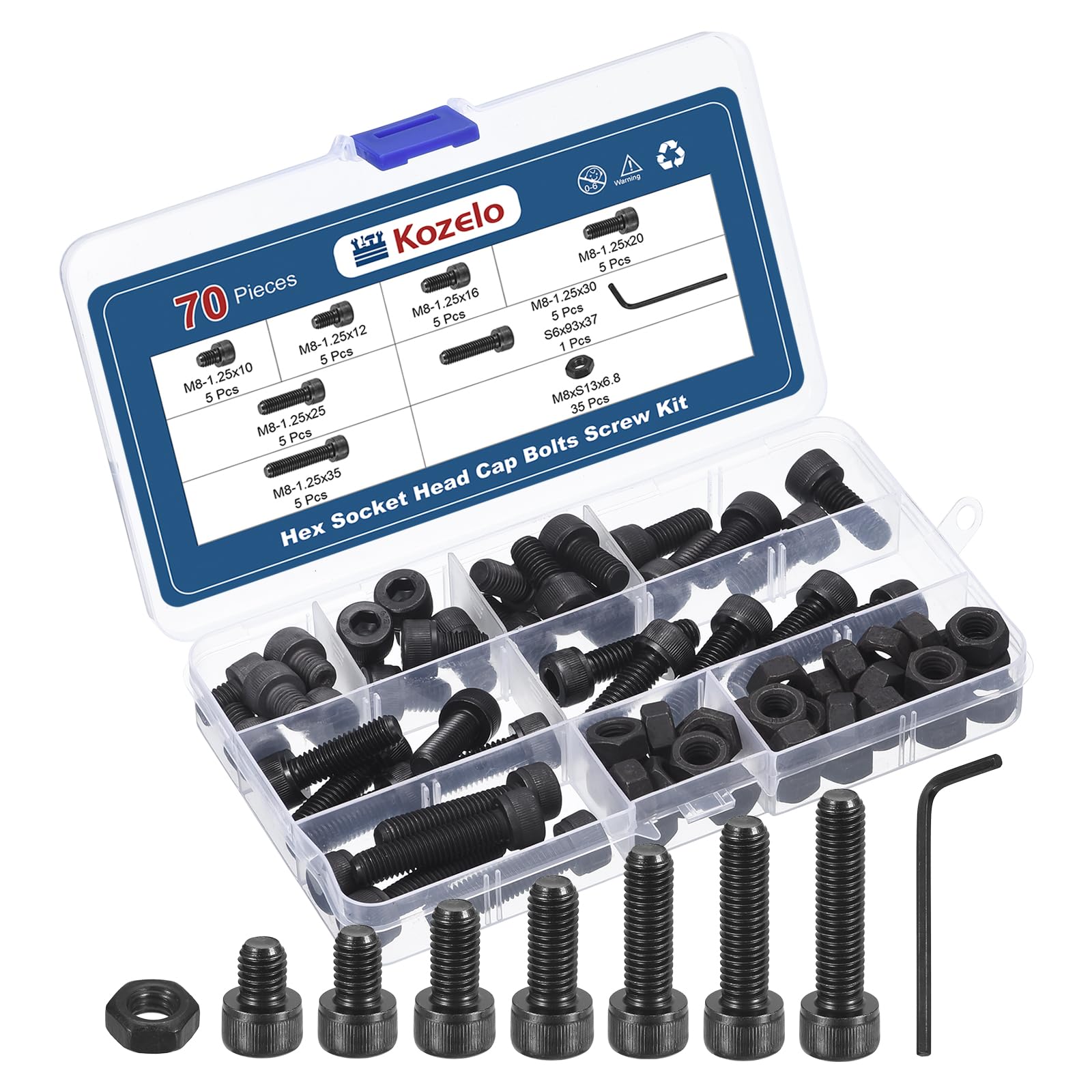 Kozelo 70pcs Socket Head Cap Screws Bolts Nuts Assortment Kit - [M8x10/12/16/20/25/30/35mm] Alloy Steel Fully Threaded Black Oxide 12.9 Internal Hex Screw for 3D Printer Use, with Wrench — image 1