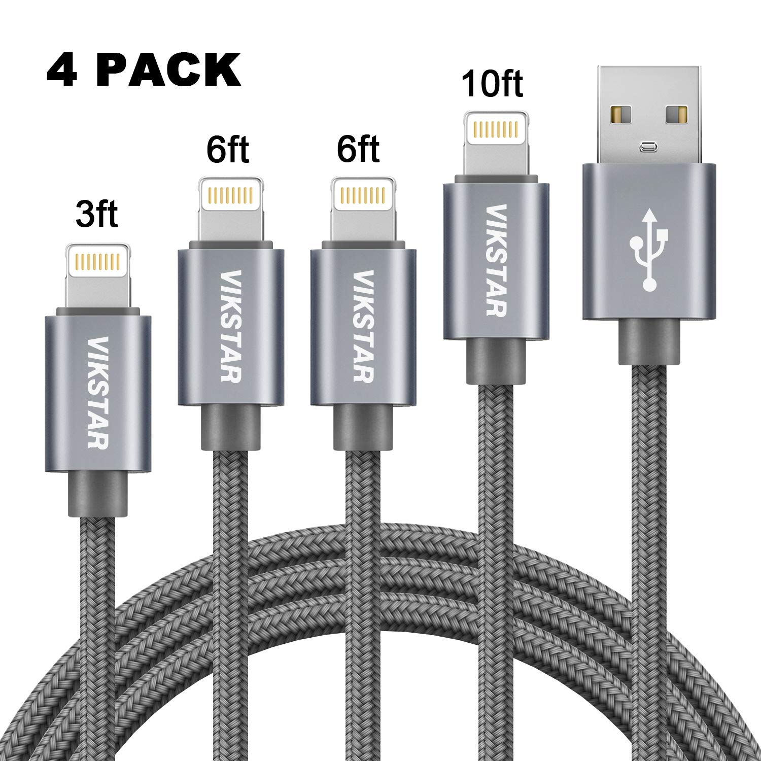 Vikstar Phone Charger Cable 4 Pack Syncing Charging Cord Durable Nylon Braided Phone Wire USB AMFI Certified Cable Compatible iPhone Xs MAX XR X 8 Plus 7 Plus 6s 6 Plus iPad-3ft 6ft 6ft 10ft-Grey