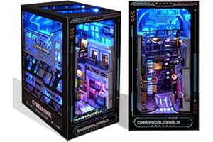 TOMYOUNG DIY Book Nook Kits, 3D Wooden Puzzles Bookshelf Insert Decorative Bookend Model Kits with LED,DIY Diorama Dollhouse Kit Crafts Hobbies Gifts Home Garden for Christmas(Cyberpunk)