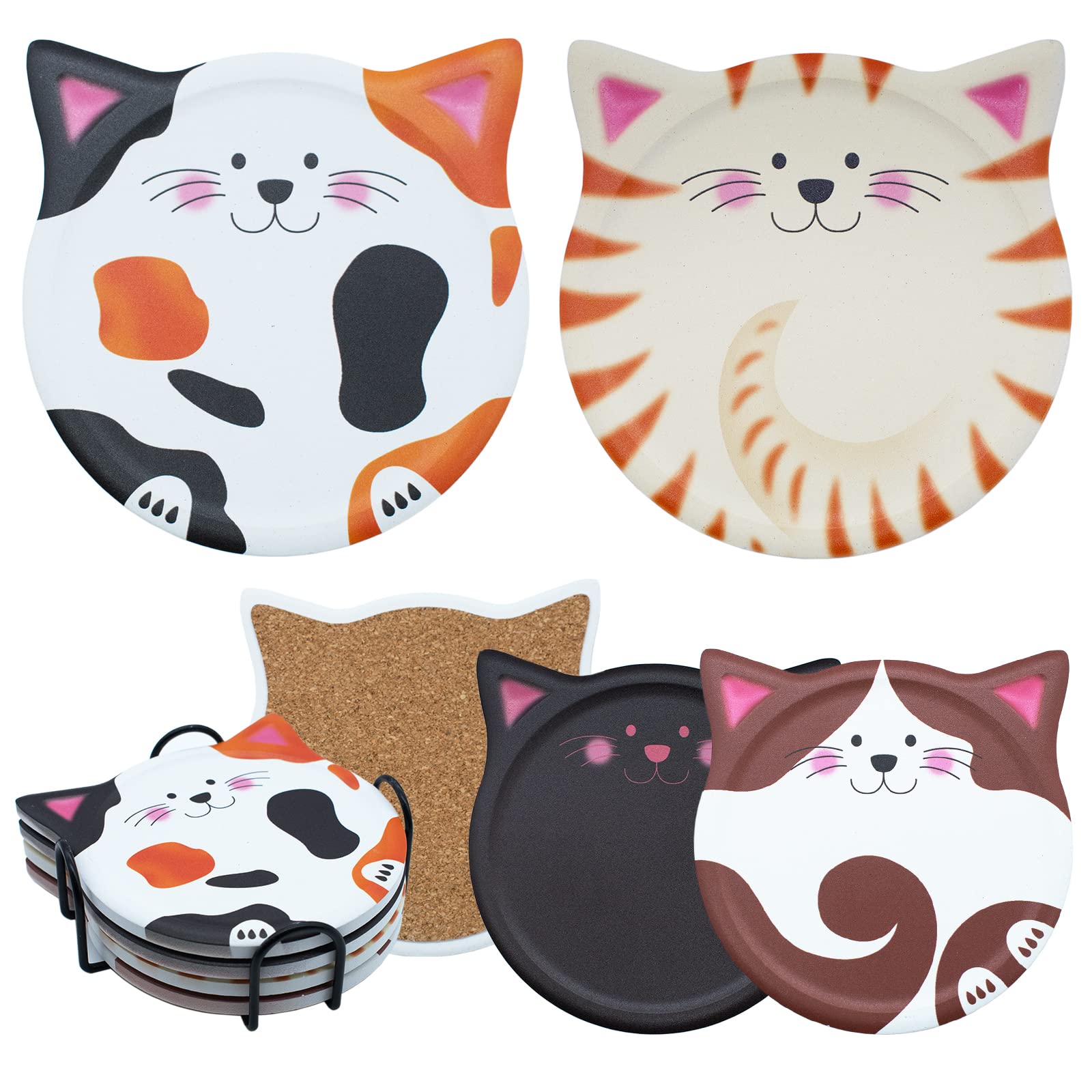 TPBSITNS 4PCS Cat Coasters with Holder, Ceramic Coaster Set of 4 with Cork Bottom, Absorbent Cute Drink Coasters Cup Mats Table Decor for Cat Lovers Coffee Mugs Table Desk Decor Bar Gift(4.13 in)