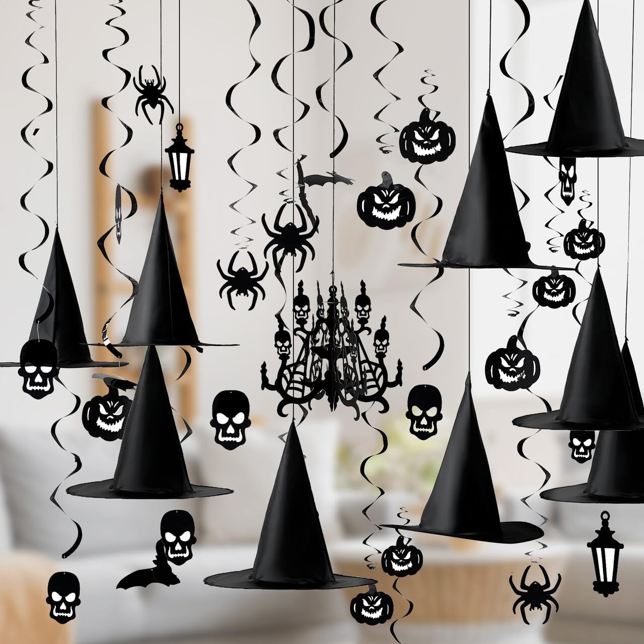 Photo 1 of JOYIN 6pcs Hanging Witch Hats Halloween Decorations Indoor 21pcs Swirl Halloween Porch Decor Black, Wall Decorations for Home Yard Porch Ceiling Ornaments Bat Spider Pumpkin Skull Ceiling Streamers