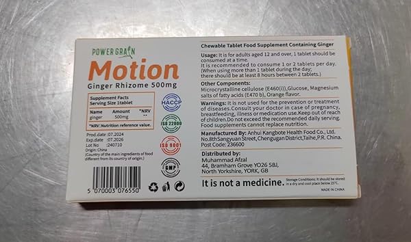 POWER GRAIN TRAVEL AND MOTION SICKNESS TABLETS – 500MG CHEWABLE GINGER RHIZOME TABLETS – NAUSEA AND VOMITING RELIEF – ORANGE FLAVOR -10 TABLETS