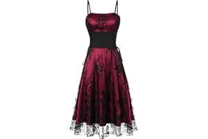FEOYA Women's Lace Gothic Dress Vintage Steampunk Dresses Floral Lace Up Dress Spaghetti Strap Lolita Costume S-XXL