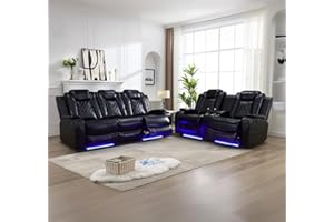 Caberryne Power Recliner Sofa Set with LED Lights,Leather Reclining Sofa and Loveseat Set with USB Port/Wireless Charger/Cup Holder,Living Room Furniture Set for House/Home Theater(2 Piece Set,Black)
