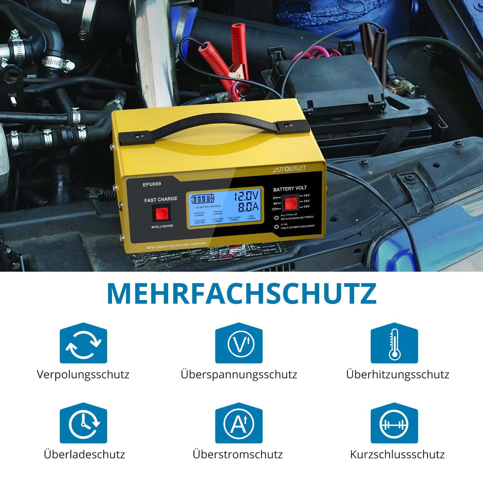 AUTOUTLET Ladegerät Autobatterie, 6/8/12/14/24V Smart vollautomatische KFZ Batterieladegerät Erhaltungsladegerät mit LCD Bildschirm, 0-14A Batterie Ladegerät für Auto Motorrad Rasenmäher Boot(Gelb) 3