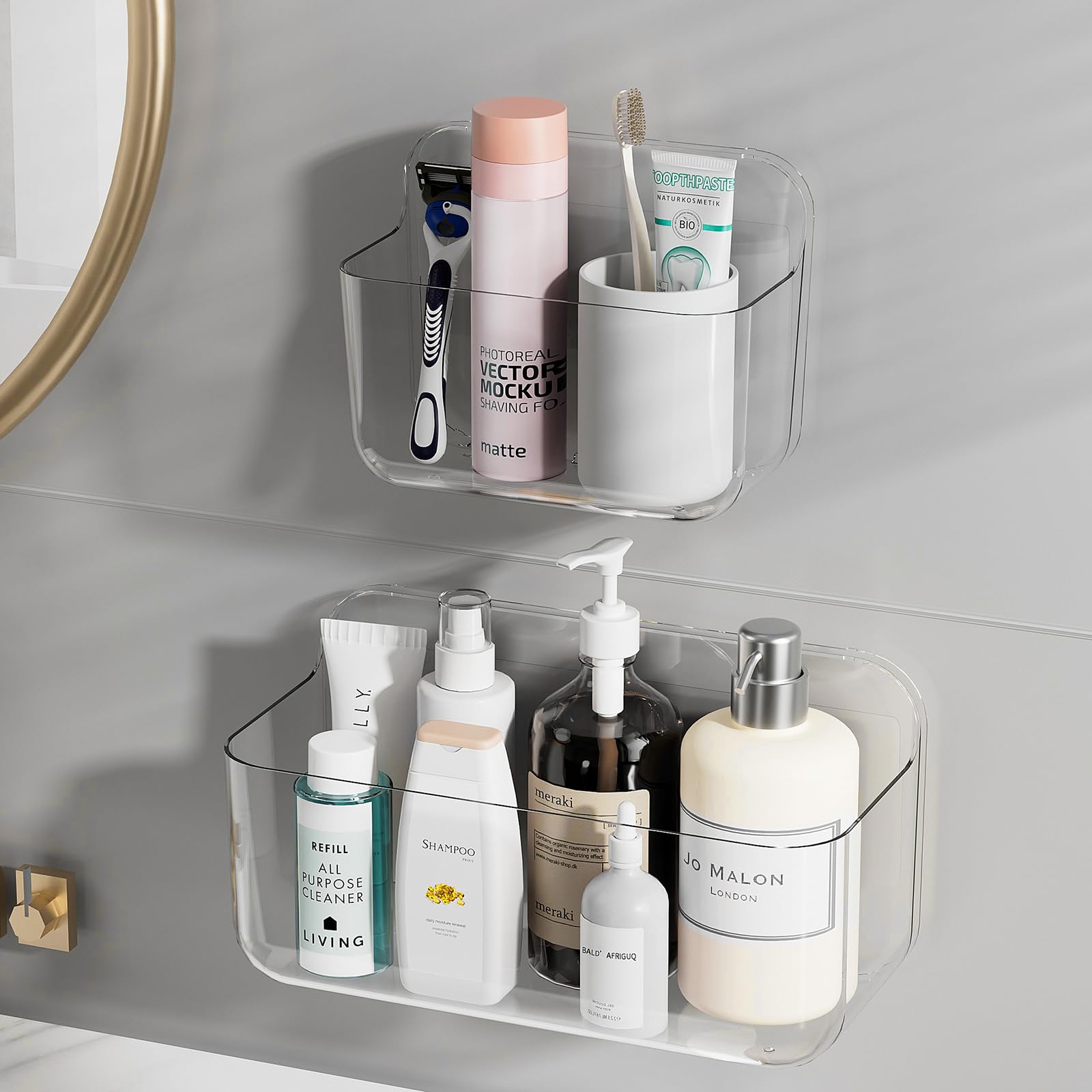 Photo 1 of ZEXALOR Wall Mounted Storage Organizer Bins Organizing Shelf Basket Clear Plastic Makeup Organizer Adhesive Hanging Bin Fridge Organizer for Bathroom,Kitchen,Cabinet,Pantry,Countertops (XL+L)