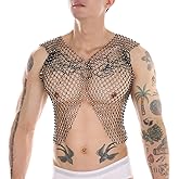 Men's Rhinestone Tank Tops Sheer Fishnet Sleeveless Shirt Sparkly Mesh Crop Top Sexy Night Club Party Rave Outfit