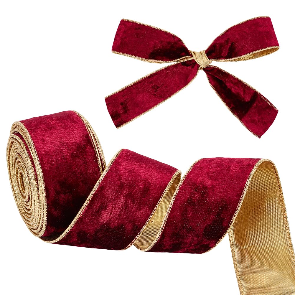 OLYCRAFT 9m Dark Red Velvet Wired Ribbon 5cm Wide Velvet Ribbon Single Sided Velvet Fabric Ribbon Trim Gold Edged Velvet Ribbon with Gold back for PresentWrapping Bow Making Christmas Decoration
