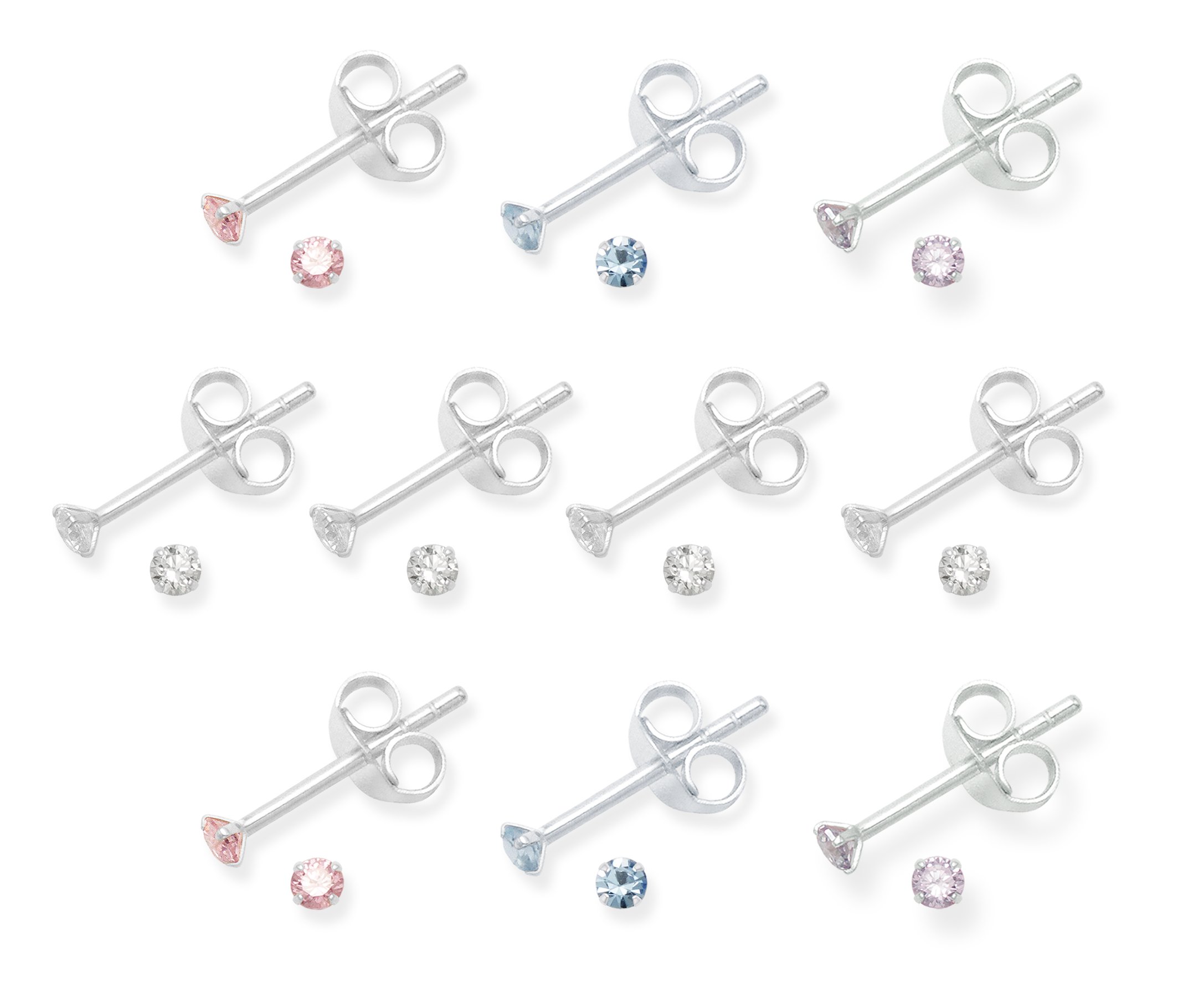 Set 10 PAIRS Genuine Sterling Silver Cubic Zirconia stud Earrings - Colours as shown in photos - SIZE: TINY 2mm TEENY WEENY STUDS.- Gift Boxed only 5549/PASTEL — image 1