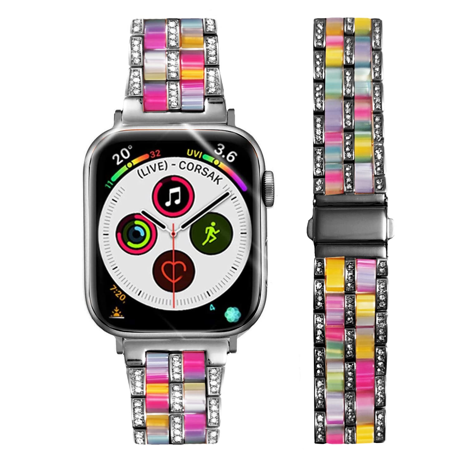 DEALELE Strap Compatible with iWatch 42mm 44mm 45mm 49mm, Luxury Resin Rhinestone Metal Replacement Bands for Apple Watch Series 9/8 / 7/6 / 5/4 / 3 / SE/Ultra Women Men (Black-Rainbow)
