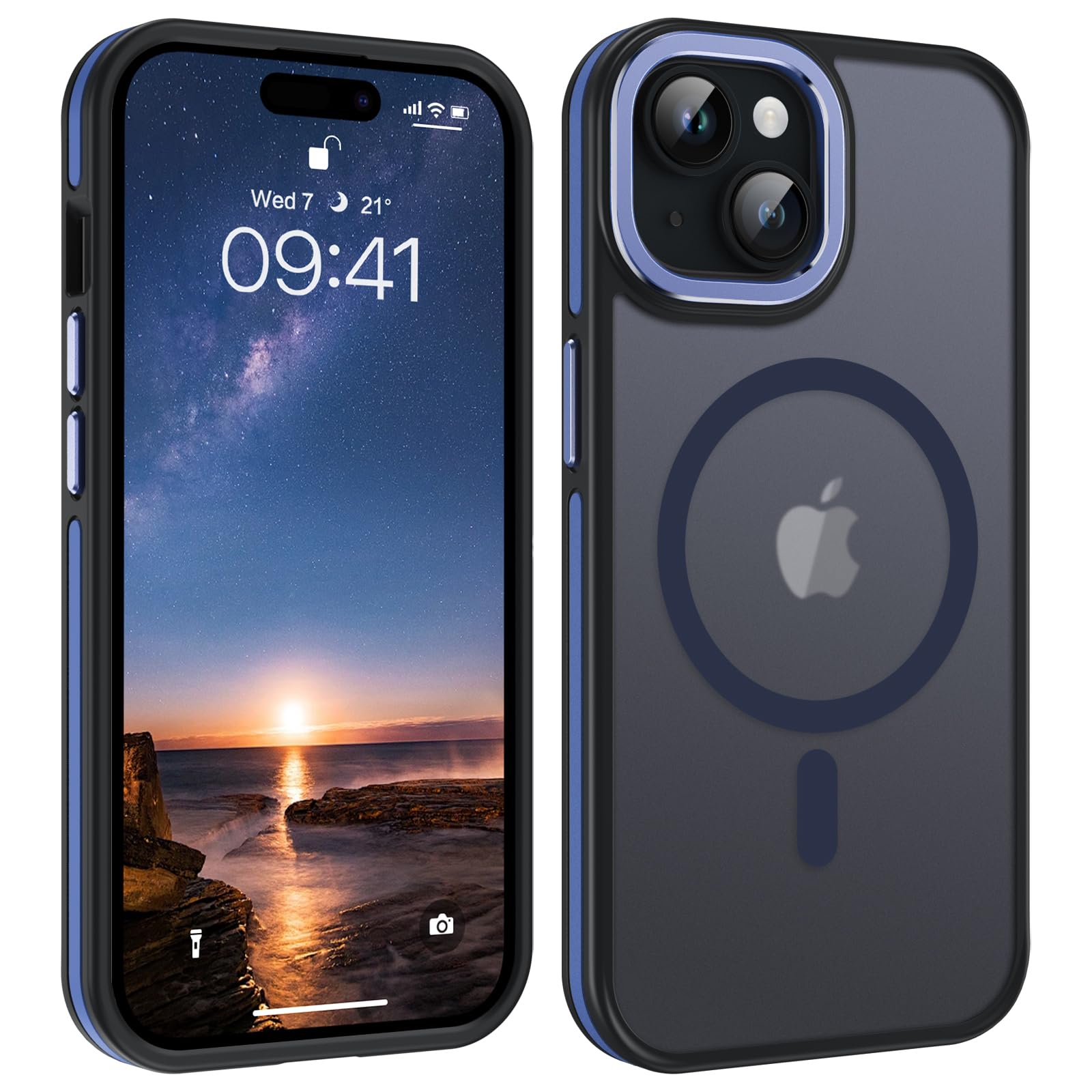 YINLAI Case for iPhone 15 Plus 6.7-Inch,Magnetic Phone Case [Compatible with Magsafe] Supports Wireless Charging Slim Translucent Matte Men Women Girls Shockproof Protective Back Cover,Black/Blue