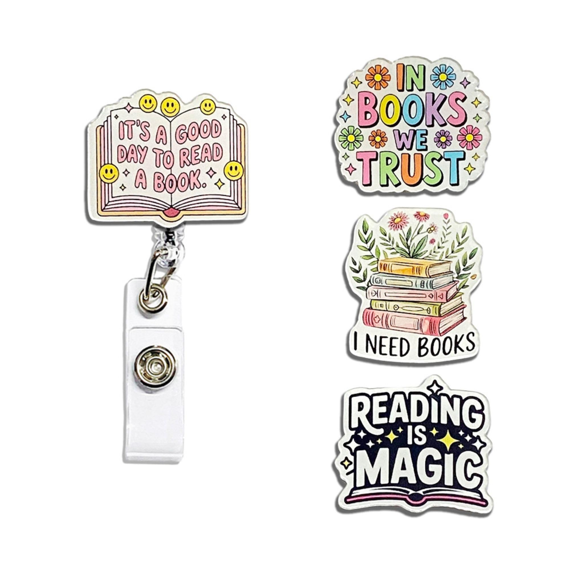 Photo 1 of (4PCS) It's A Good Day to Read A Book Badge Reels Retractable, Name Badge Holder Reel ID Clip, Readers Book Lover Bookish Pediatric Decorative Gifts for Readers Nurses Office Worker Teacher Student