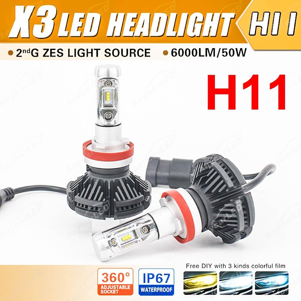 TUOYIKE LED Headlight Kit X3 H8 H9 H11 50W 6000LM LUMILED ZES LED Chips White 6000K All-in-one Design Fanless Headlamp Bulb Driving Fog Replace HID Xenon Halogen