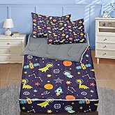Nesker Full Zipper Bedding, Astronaut Dinosaur Zipper Bedding Sets for Boys, 3pcs All in on one, Funny Space Dino Planet Kids Comforter Set with Fitted Sheet and 2 Pillowcases