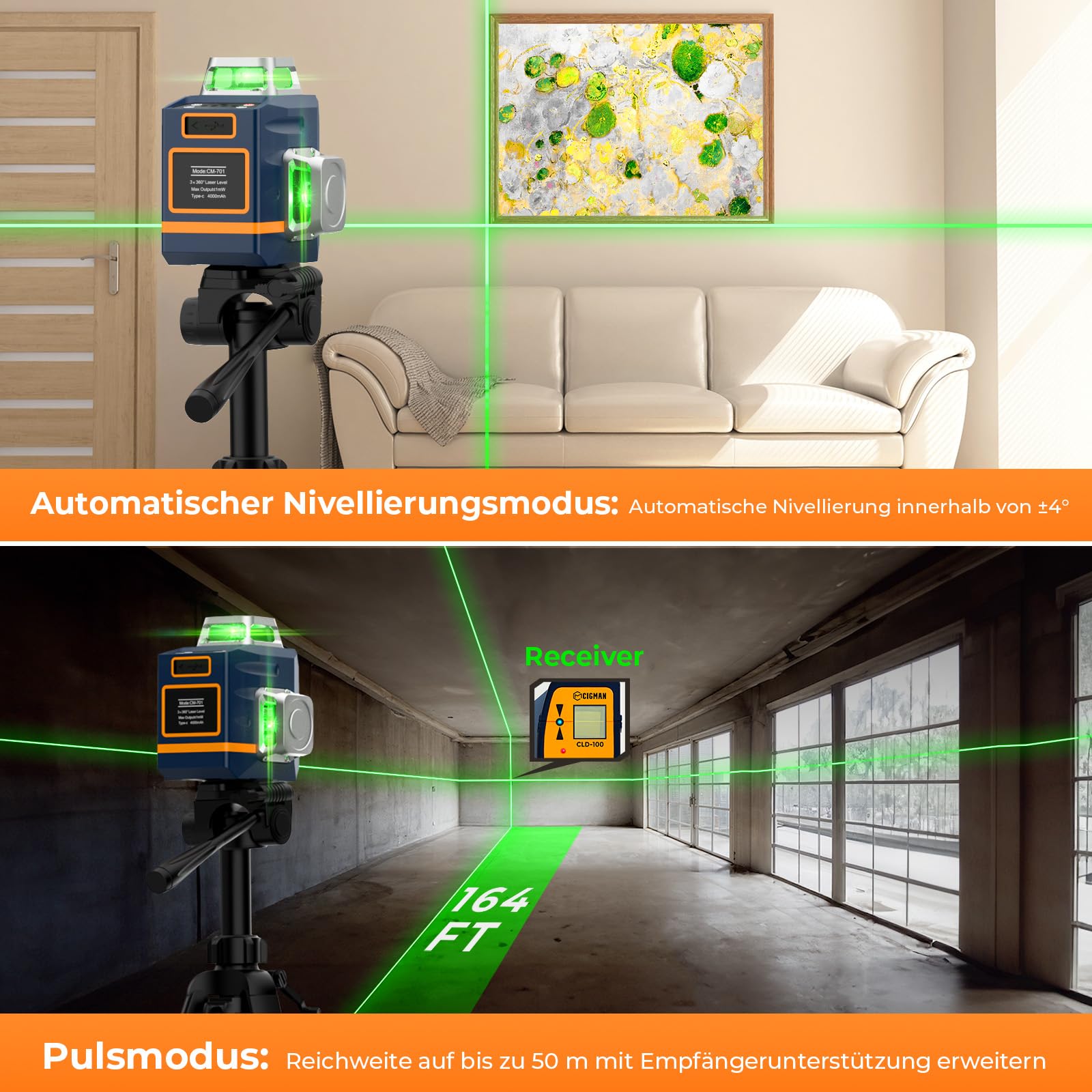 Kreuzlinienlaser mit Stativ, CIGMAN 3x360 Grad Grün Selbstnivellierend Laser Wasserwaage mit 1,2m -Aluminium-Baustativ, Baulaser Kreuzlaser Linienlaser bis zu 30 Stunden mit Lithium-Batterie,CM701T 3