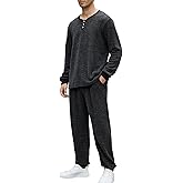 Gihuo Mens Knit Pajamas Set with Henley Collar 2 Piece Loungewear Set Casual Loose Fit Cozy Pjs Sleepwear