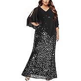 Plus Size Formal Dress - Evening Sequin Lace Long Mermaid Prom Dress with Chiffon Overlay Cape