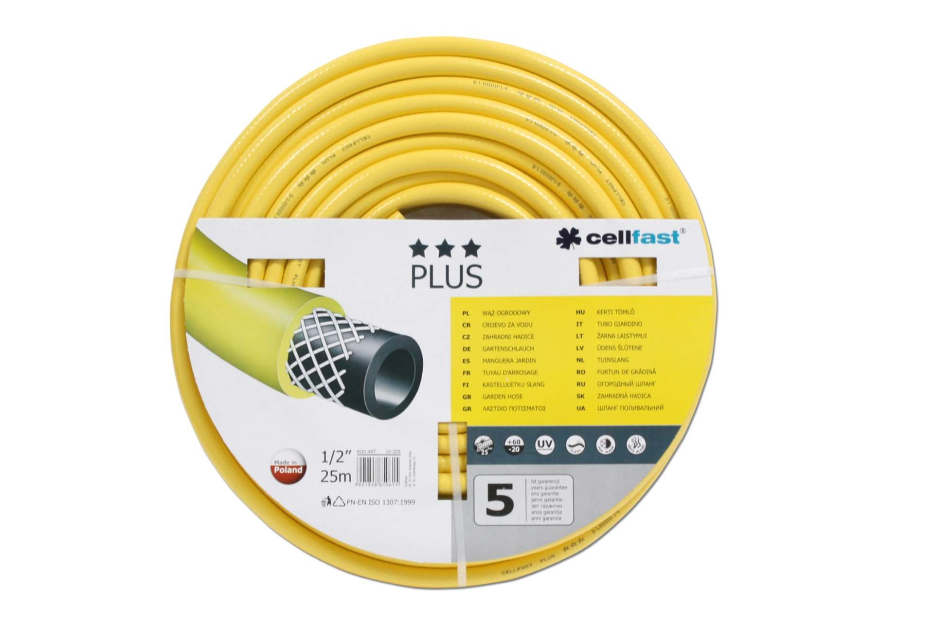 Cellfast Garden Hose Plus 1/2” 25m, Flexible and Three-Layer Hose, Resistance to UV, Internal Part Resistant to Algae, 10-200