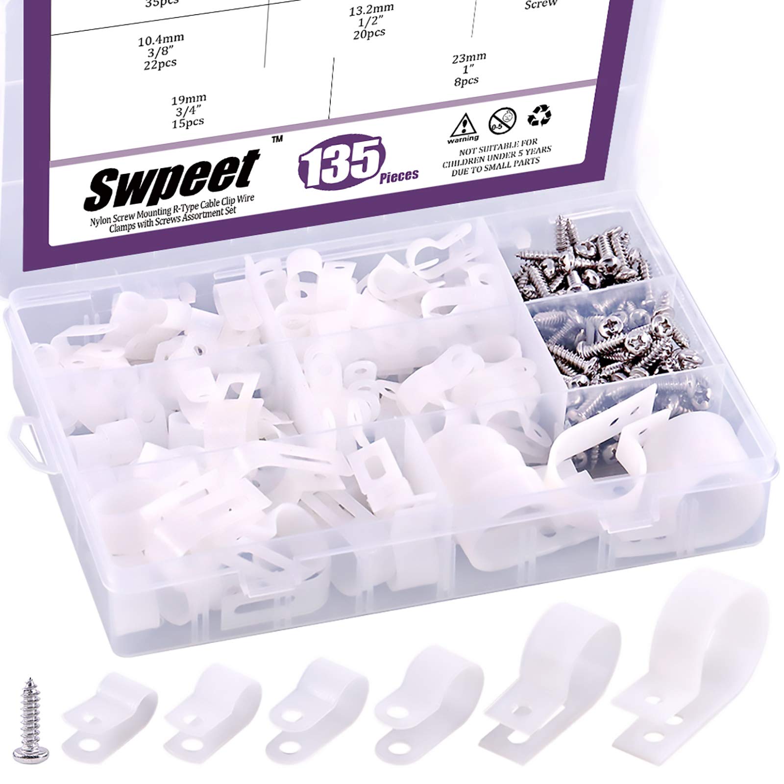 Swpeet 135 Pack 6 Sizes White Nylon Plastic R-Type Cable Clips Clamp Assortment Kit, 1/4" 5/16" 3/8" 1/2" 3/4" 1" Nylon Sc.
