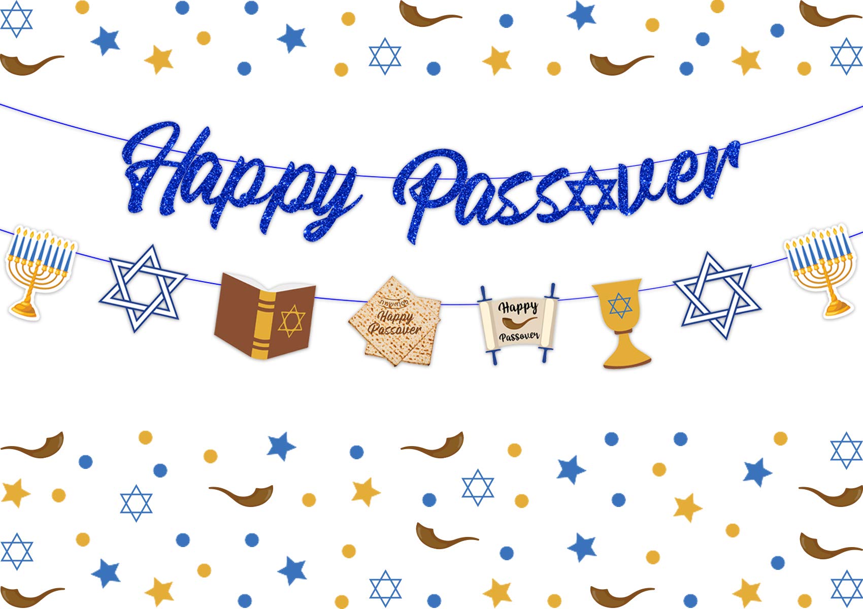 Passover Party Decorations - Happy Passover Banner Glitter, Bunting Garland with 8 Pesach Cutouts for Passover Seder, Jewish Holiday, Hanukkah Home Decor