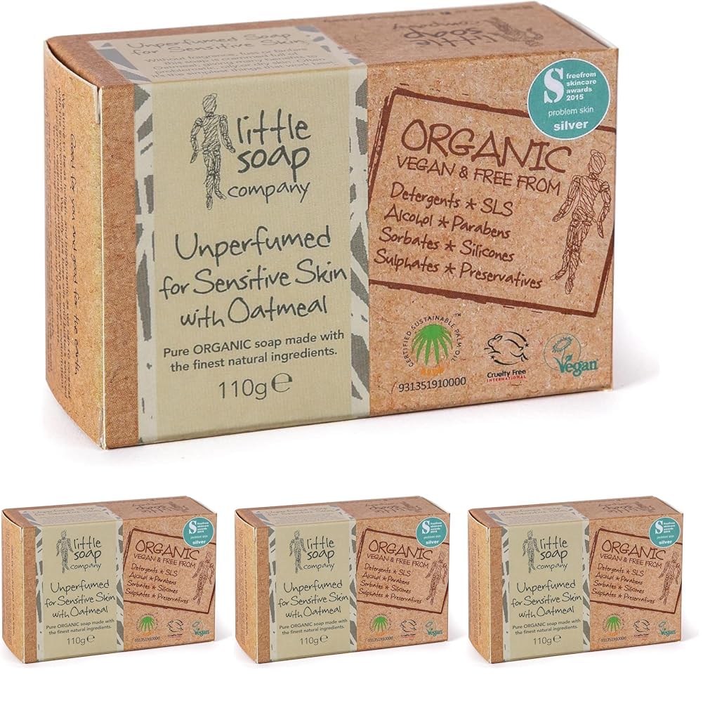Little Soap Company Sensitive Unperfumed Soap Bar - Vegan, Cruelty Free, No SLS or Parabens, Unperfumed with English Oatmeal | Natural, & Organic Body & Hand Soap Bar(110g) (Pack of 4)