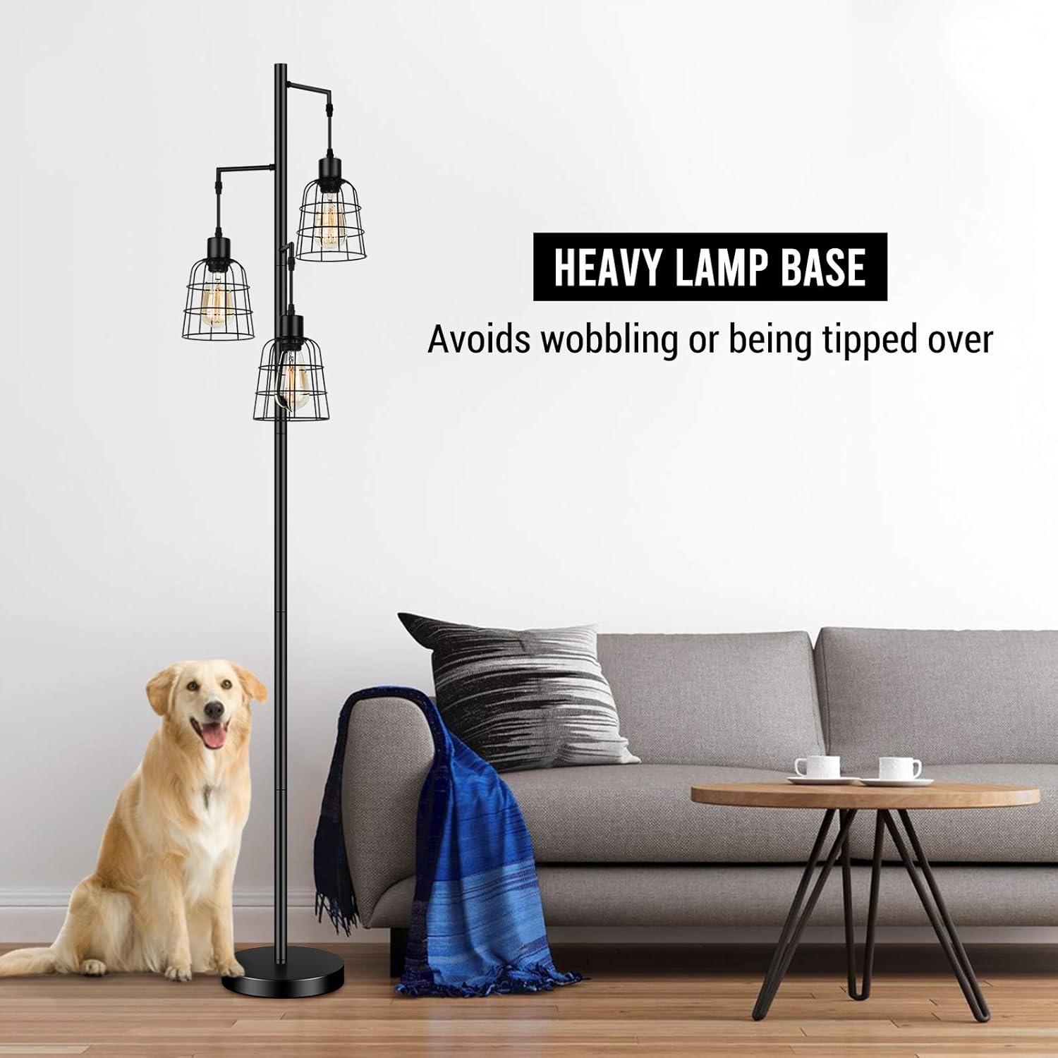 Industrial 3-Light Tree Floor Lamp with Cup-Shaped Cages Farmhouse Rustic Tall Standing Lamp for Living Room Vintage Elegant Black Pole Light with Edison E26 Base Metal Shade for Bedroom Office Hotel - - 